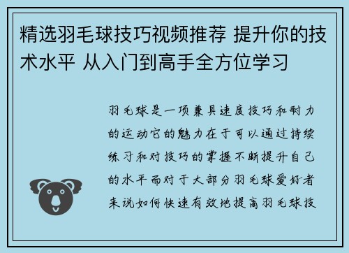 精选羽毛球技巧视频推荐 提升你的技术水平 从入门到高手全方位学习